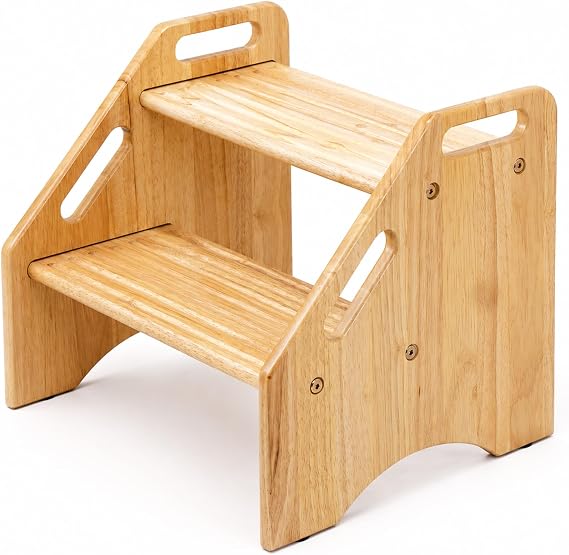 Wooden 2 Step Stool for Kids, Toddler Bathroom Sink & Toilet Stool with 2 Tiers, Non Slip Lightweight Kitchen Helper Foot Stool for Toddlers & Adults, 200 lbs Capacity