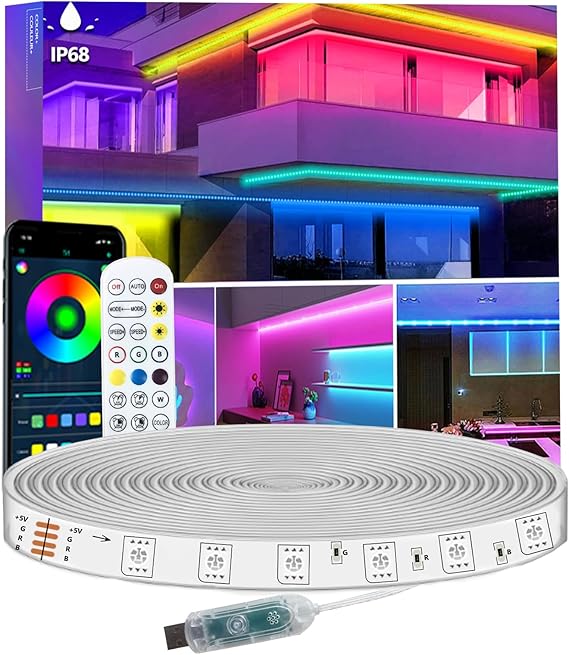 5m LED Strip Lights IP68 Outdoor Waterproof, 5V USB Powered, Music Sync Bluetooth APP/RF Remote Control Lights for Balcony,Deck,Camping,Garden,Bedroom Decor [Energy Class G]