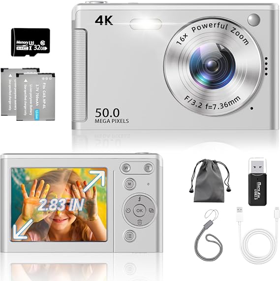 Digital Camera Improved UHD 4K 50MP Camera Camera 16X Digital Zoom Anti-Shake 2.83 Inch Screen 2 Large Batteries Retro Portable Vlog Camera for Children Students Beginners (Silver)