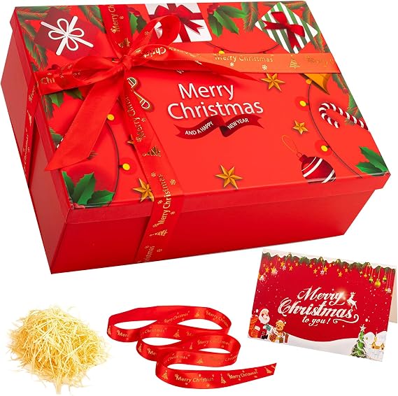 Red Christmas Boxes for Gift Medium/Large Christmas Eve Box 29x21x10cm Thick Luxury Xmas Gift Boxes for Presents with Lids Ribbon Card, Foldable Xmas Eve Box for Gifts Kids Adults