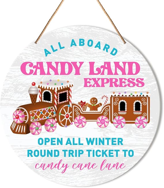 Muktoujaumai Christmas Sign Decor, Christmas Bakery Round Hanging Sign Decor Gingerbread Xmas Holiday Wall Decorations Winter Wood Sign for Kitchen, Door, Home, Candy Land Express