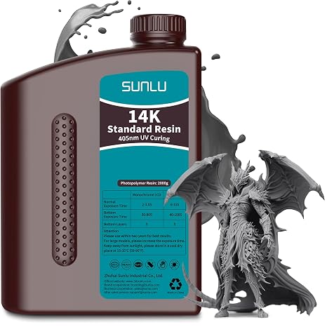 SUNLU 14K Standard Resin 3D Printer Resin 2KG, High Precision 405nm UV-Curing Standard Photopolymer Resin for Miniatures & Detail 3D Resin Printing, Smooth Matte Surface, 2000g Dark Grey