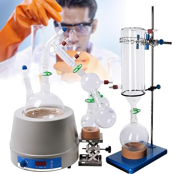 Short Path Distillation, 2L Lab Distillation Apparatus, Short Path Distillation Glassware Kit, Micro Purification Device With Stirring Heating Mantle And Cold Trap, For Science Teaching