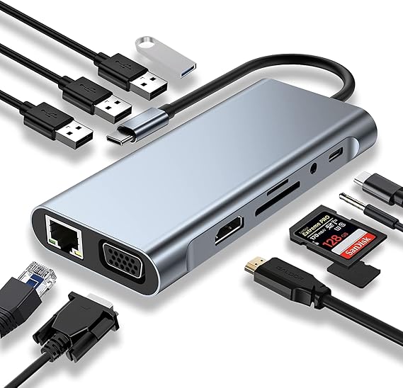 USB C HUB, Docking Station, 11-in-1 USB C Adapter with 4K-HDMI, VGA, USB 3.0 port, Type C PD, RJ45 Ethernet, SD/TF Card Reader, 3.5mm AUX, Compatible with MacBook Pro/Air, More Type C Devices
