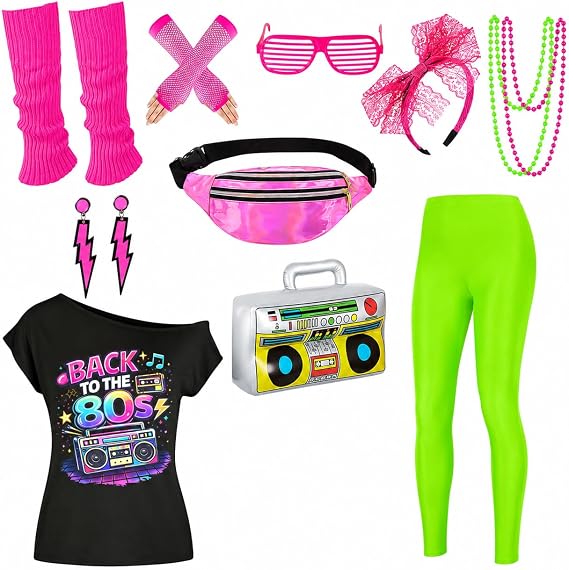 80s Outfit Women Costume Accessories Set T Shirt Shorts Tutu Skirt Neno Party Leg Warmers Headband