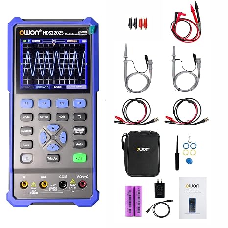 OWON Handheld Oscilloscope Multimeter, 2 Channels, 200MHz Bandwidth, 1GS/s Sampling Rate, 20000 Counts, 3 in 1 Portable Digital Automotive Oscilloscope, Voltage, Current, Capacitor HDS2202S