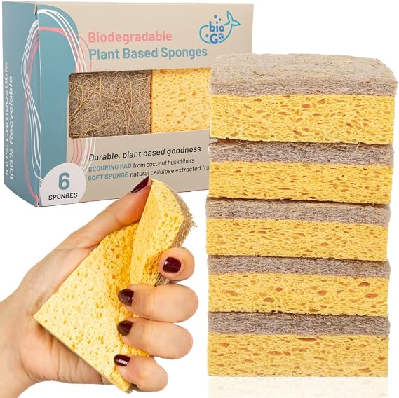 bioGo 6 Pack Biodegradable Kitchen Sponges - Eco-Friendly, Compostable, Natural Cellulose Dish Sponges - Kitchen Cleansing Washing Up Sponge - Kitchen Sponge & Scourer - Dish Sponge