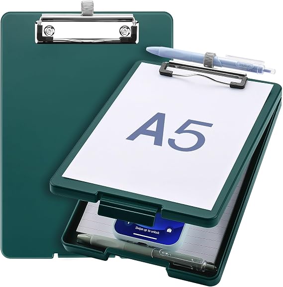 Meiikun Small Clipboard with Storage, 6x9 Emerald Plastic Clip Board | A5 Clipboards with Pen Holder, Half Letter Clip Boards Mini Clipboard with Low Profile Clip for School, Office Supplies