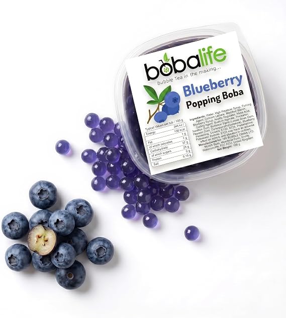 Bobalife Blueberry Popping Boba Pearls 100g – Fruit Juice Filled Bubble Tea Pearls, Boba Topping for Drinks, Desserts & Cocktails – Vegan & Gluten Free