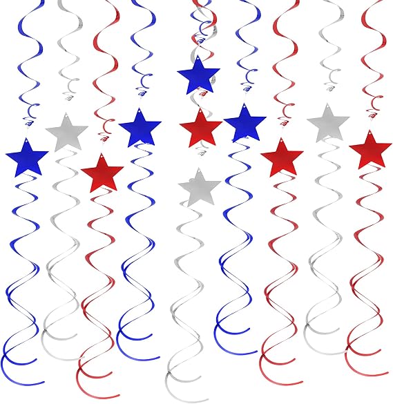 jiebor 30Pcs Red White and Blue Streamers Decorations Star Swirl Garland Banner Hanging for Memorial Day 4th Of July Independence Day Labor Day Home Party Decorations