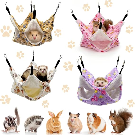 4 PCS Double Layer Pet Cage Hammock Bunk | Small Animal Hanging Hammock Soft Velvet Ferret Bunk Bed Pet Rat Bed Cage Hideout Sleep Mat for Sugar Glider Parrot Hamster
