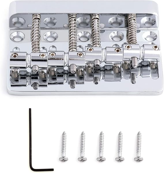 4 String Bass Bridge Tailpiece Fixed Saddles Top Loader Bridge | for Electric Bass Guitar Jazz Bass or Precision Bass, Chrome, Bass Guitar Parts Replacement