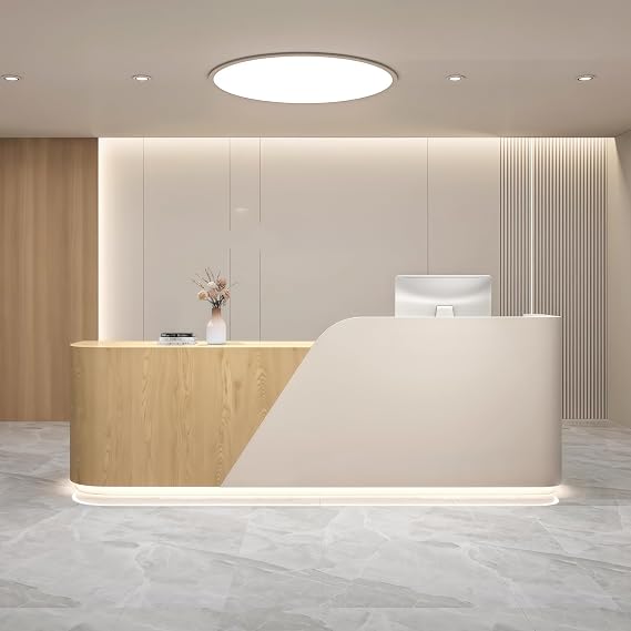 Reception Desk, Wood Grain Retail Counter, with Hidden LED Lighting for Salon Reception Room Office Dental Clinics, Fitness Centers, Customizable Logo