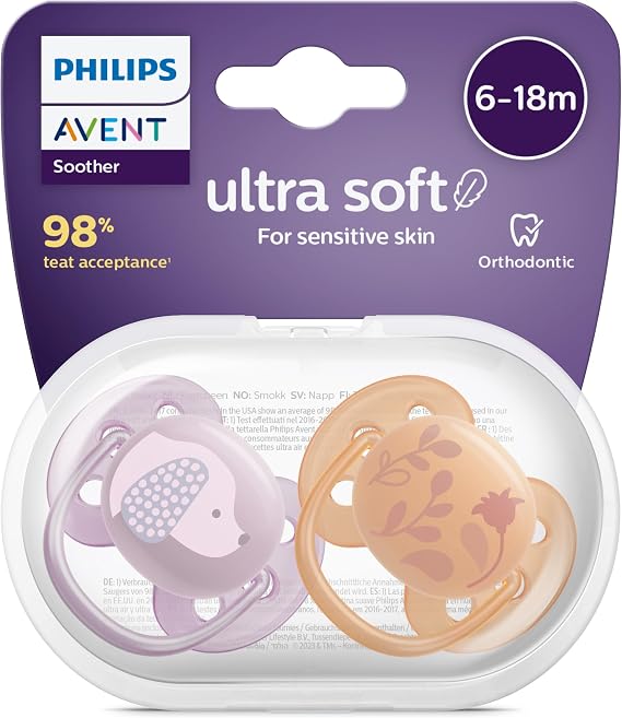 Philips Avent Ultra Soft Emzik, Kız Bebekler için 6‑18 Ay, 2’li Paket, Ortodontik Silikon, FlexiFit Kalkanlı, Ultra Yumuşak, BPA İçermez, Taşıma Kutulu, SCF091/18