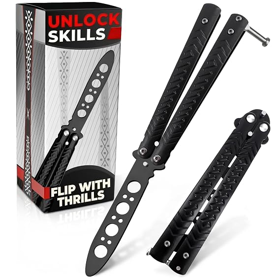 Black Butterfly Knife Trainer with Safe Dull Blade 8.2" Stainless Steel Balisong Practice Trainer, Spring Latch & Well-Balanced Design for