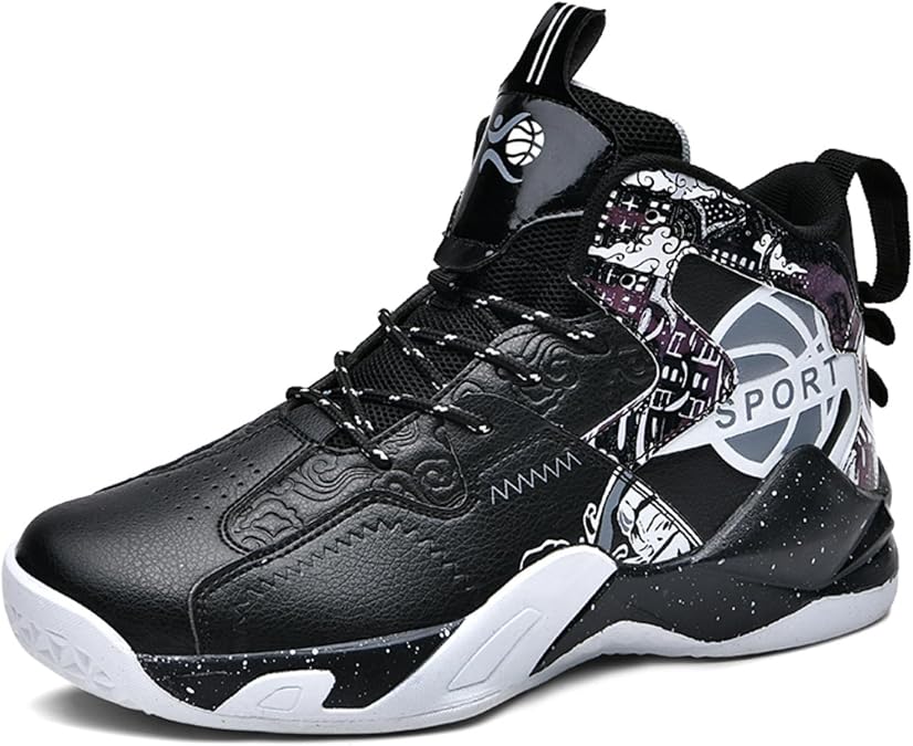 Men's Breathable Leather Lace Up Cushioning Basketball Shoes Fashion High-Top Non-Slip Sneakers Casual for Gym Sports Tennis Jogging Running Walking
