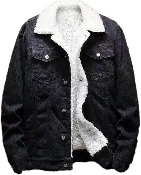 Men's Wool Lined Jean Jacket, Lapel Sherpa Fleece Thermal Thicken Denim Trucker Jacket Coats