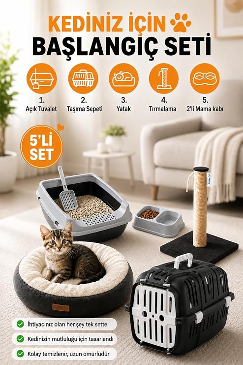 Premium Kedi Başlangıç Seti - Açık Kedi Tuvaleti, Taşıma Sepeti, Peluş Simit Yatak, Tırmalama Tahtası, İkili Mama Kabı, Kürek - AT8