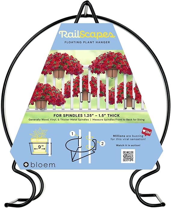 Bloem RailScapes Adjustable Floating Planter Hanger, Fits 1.25-1.5 Balcony Railing Spindles, 3-Pack