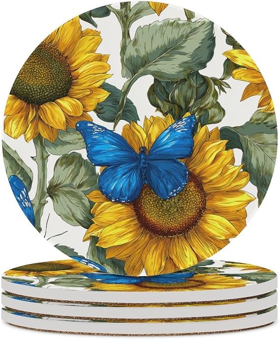 Sunflowers And Blue Butterflies Watercolor Coasters Set of 4 Absorbent Coasters