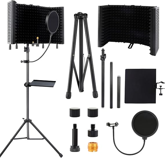 Studio Recording Microphone Isolation Shield with Pop Filter & Tripod Stand, High Density Absorbent Foam to Filter Vocal