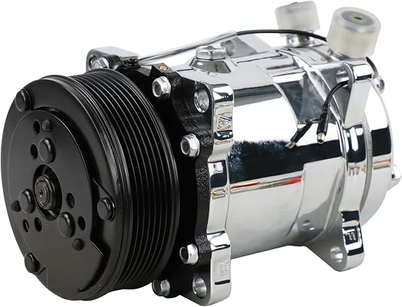 Universal A/C Compressor with Black PV7 Clutch SD 508 Style 5H14 R134A Chrome Serpentine Belt