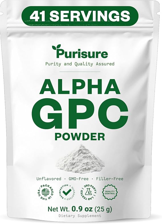 Purisure Alpha GPC Powder, 25 g, Pure Alpha GPC Choline Supplement for Brain and Focus, CDP Choline Supplements for Memory Performance & Concentration, No Fillers, Non-GMO, Offers 41 Servings