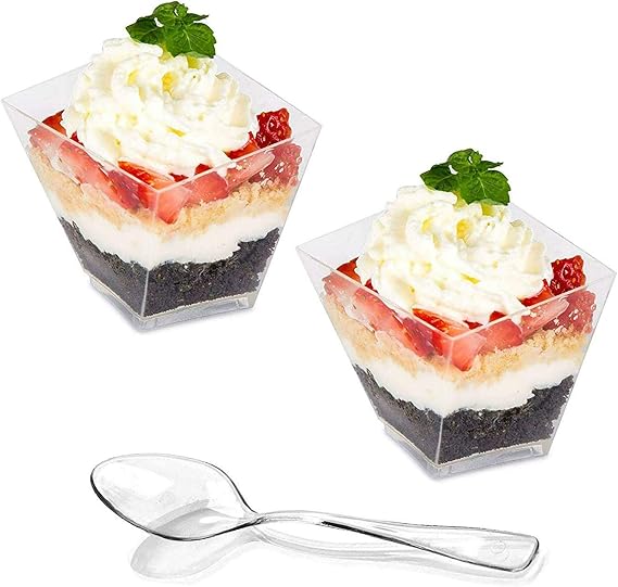 zappy 100 Ct Elegant Square Twist Mini Cube 2 oz with Clear Mini Spoons Clear Tasting Sample Shot Glasses 100 Ct Dessert Cups Disposable Plastic and 100 Mini Dessert Spoons