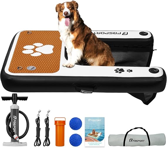 FBSPORT Inflatable Dog Boat Ramp Floating Dock Water Ladder for Pool, Boat, Non-Slip EVA Floating Ladder Pool Ramp for Dog Up to 220 LBs, Safe & Easy Access