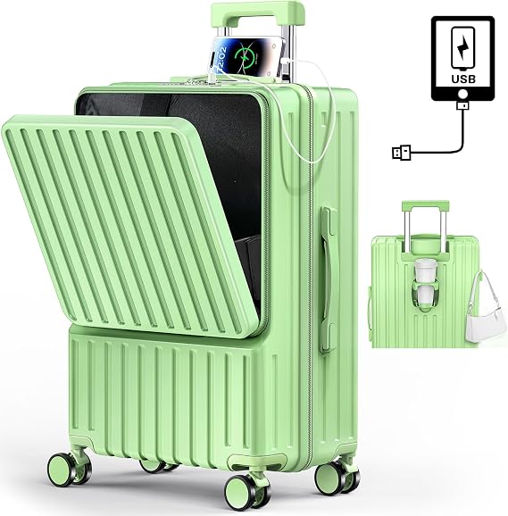 BARGOHOY Suitcase, Front Open, Multi-functional, Carry Case, Lightweight, with Cup Holder, Hidden Hook Feature, Carry Bag, with USB Port, Shockproof, Silent, 360° Rotation, TSA Lock, Zipper Type