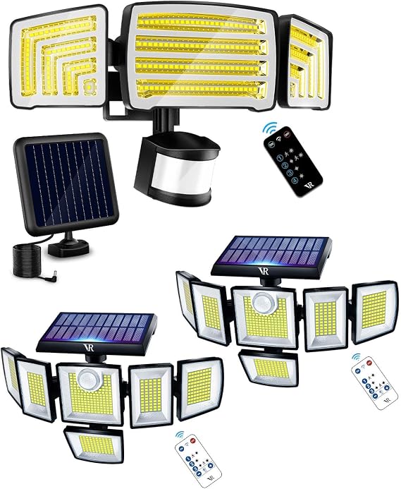 3 Heads + 6 Heads Solar Motion Sensor Flood Lights Outdoor - 360 Illumination, IP65 Security Lights with Remote for Porch Yard Patio Garage