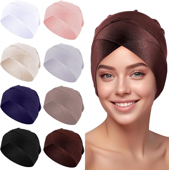 Cuffbow 8 Pcs Women Under Scarf Hijab Cap Islamic Muslim Solid Color Under Scarf Hat Stretchy Hijab Undercap for Turban Head Wraps