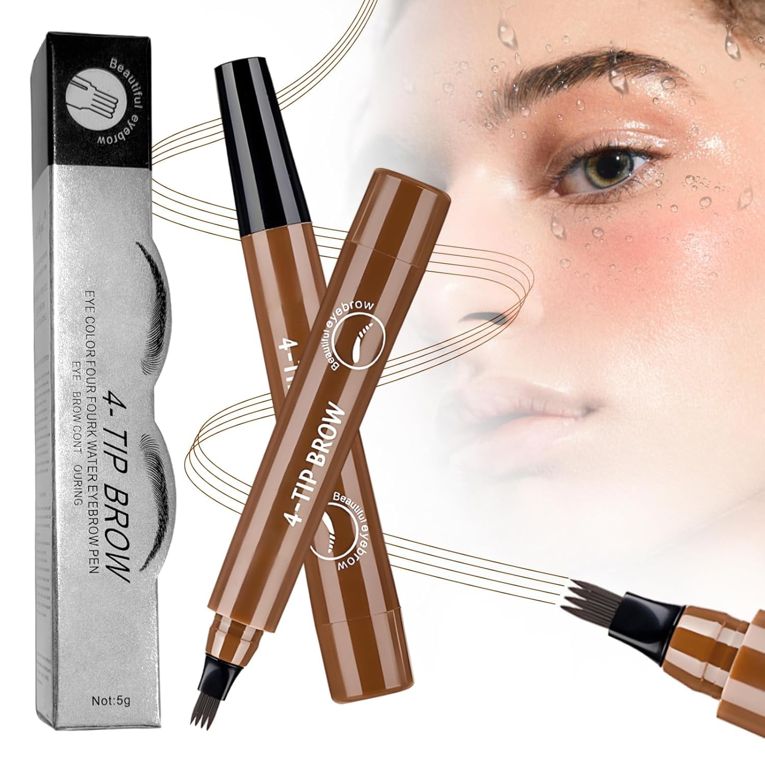 2PCS Eyebrow Pen, Waterproof Four-tip Beard and Eyebrow Pen, 4D Microblading Eyebrow Pencil, Natural Gap Filling Eyebrow Makeup Long-Lasting Fine Stroke Eyebrow Pencils for Women Dark brown