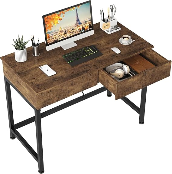 CAIYUN Computer Desk with Drawers, Dressing Table, Vanity Desk, Make Up Desks, Home Office Desks with Storage, Study Tables for Small Space, Laptop Table Made of Wood and Metal, 39.4", Brown
