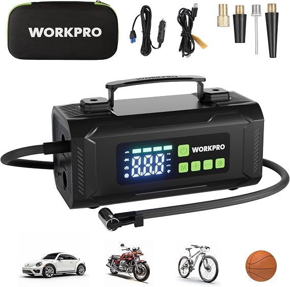 WORKPRO Tire Inflator Portable Air Compressor, 12V DC Cordless Air Pump | 150PSI, Built-in Pressure Gauge, Dual Power Supply, 3X Faster Inflation for Car, Motorcycle, Bike & Balls