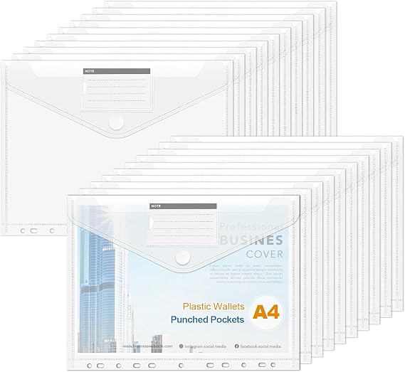 Plastic Wallets A4 Punched Pockets,20 Pack Clear Plastic Folders,Waterproof A4 Polly Pockets 11 Hole Reinforcers Fit 2/3/4 Ring Binders Folders Suitable for Office Stationery Supplies 