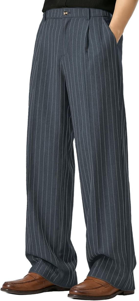 Susclude Wide Leg Pinstripe Pants Men Baggy Pleated Dress Pants Stylish Casual Summer Slacks Lightweight Street Trousers Grey Blue