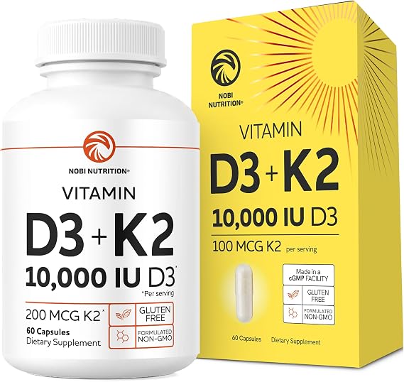 Vitamin D3 K2 | 10000iu D3 + 200mcg K2 | Bone, Immune, Energy & Mood Support | High Absorption Formula | Gluten-Free & Non-GMO | Once-Daily D3K2 Vitamin Supplement | 60 Capsules (2 Month Supply)