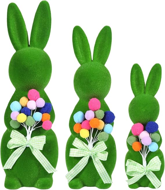BrilliantJo Figurines Spring Decor Gift for Women Decoration Moss Bunny Large Rabbit Kit Holding Balloons Flowers Set of 3(15",13",10") Green Desk Mother's Day Holiday Birthday for Home Office Garden