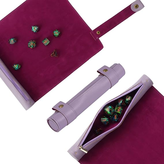 Cusdie 2 in 1 Dice Rolling Mat & Zippered Dice Holder DIce Tray- Compatible with DND Polyhedral Dice (Light Purple)
