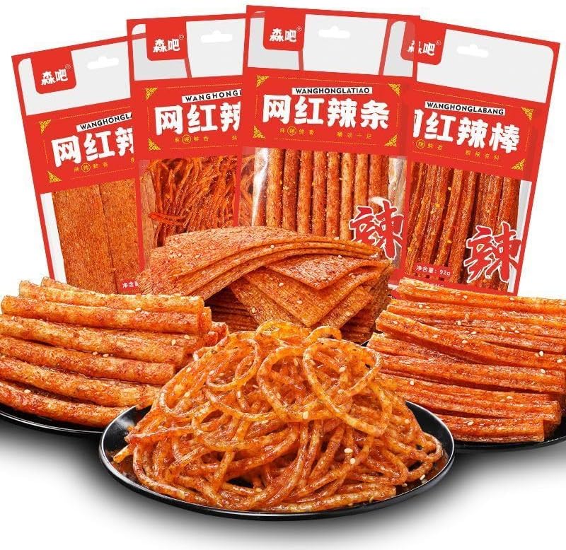 4 flavors mixed with spicy strips 92gbag,Mala Latiao,Spicy big gluten,Handmade spicy strip,delicious Instant classic hot&spicy flavor snack,Sweet Spicy Flavor Chinese Snacks Mixed taste,4bags