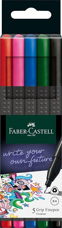 Faber-Castell Grip Finepen Fine Felt Tip Pen Set, 5’li, Classic Colors, 0.4 mm, Metal Supported, Ergonomic Triangle Body