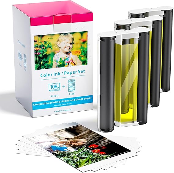 Replacement for Canon Selphy CP1500 Ink and Photo Paper 6x4 inch KP-108IN | Work for Canon Selphy CP1300 CP1200 CP1000 CP910 CP810, 3115B001(AA) 3 Color Ink Cassette Cartridges+108 Sheets 100 x 148mm