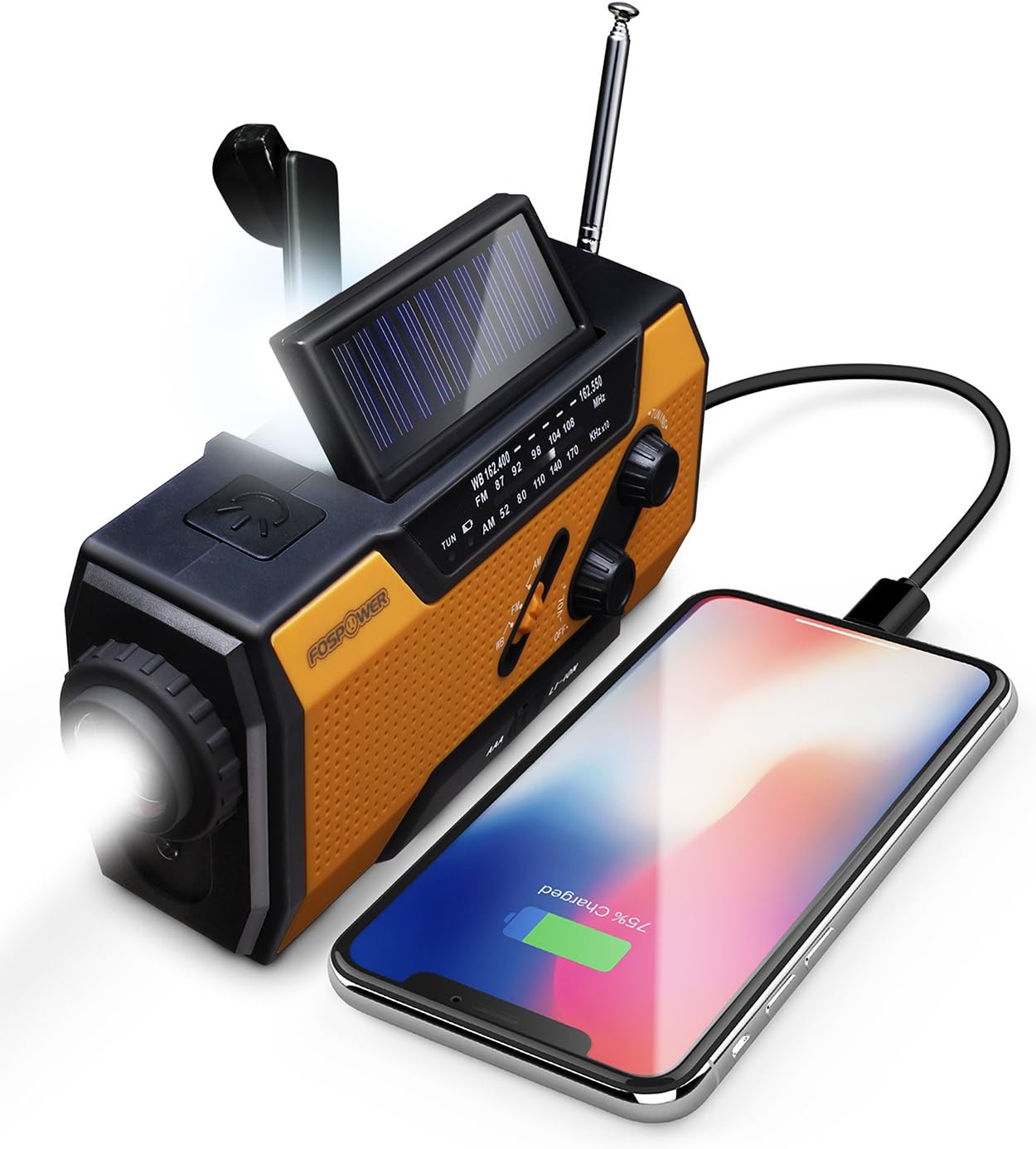 FosPower NOAA Emergency Weather Radio A1 7400mWh Portable Power Bank, AMFM, USBSolarHand Crank Charging, Battery Operated, SOS Alarm & Flashlight for IndoorOutdoor Emergency - Orange