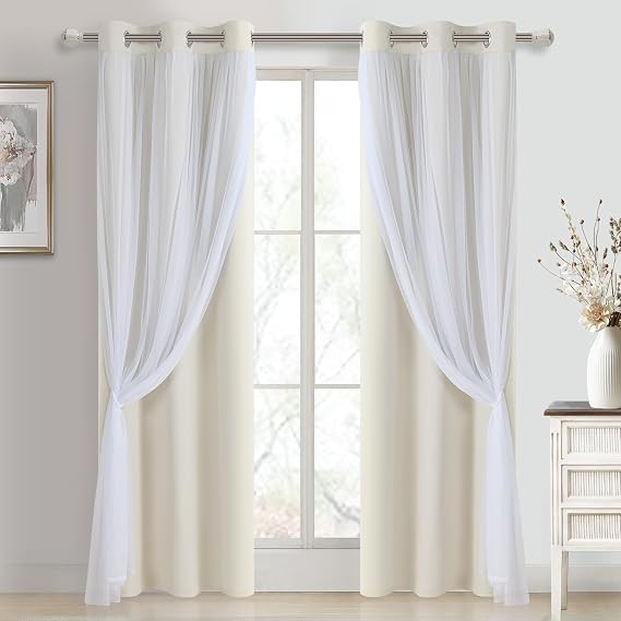DWCN Ivory Blackout Curtains with Sheer Overlay with Tiebacks 84 Inch Long | Mix & Match Double Layer Window Panels for Bedroom Living Room Drape, Grommet Top, 38" Wx84" L, Set of 2