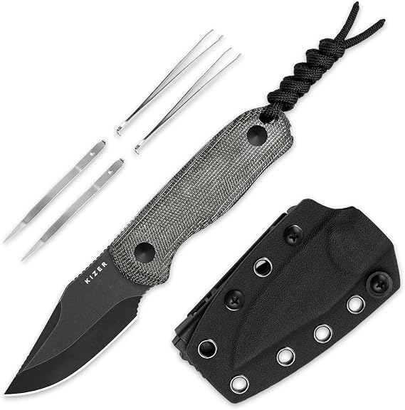 Kizer Drop Bear Fixed Blade Knife, Built-in Tweezers & Toothpick, 1092A1
