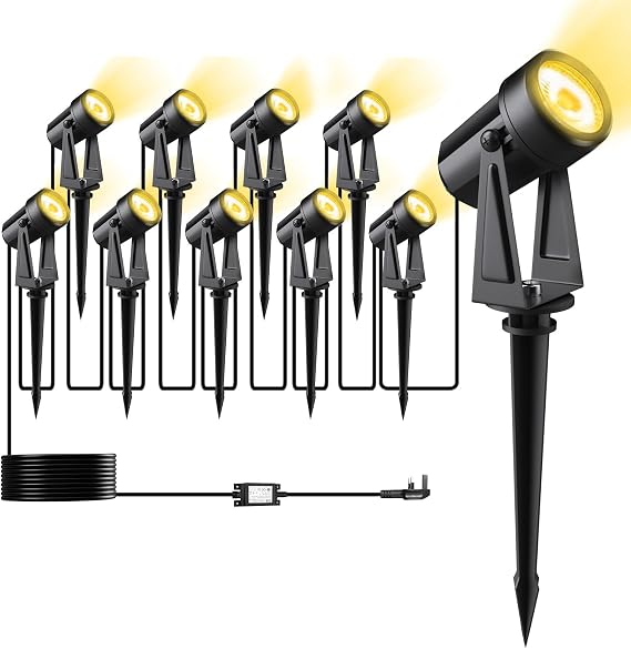 10 Pack 32M/105FT Garden Lights Mains Powered with Adapter | 27V IP65 Waterproof Outdoor Pathway Lighting,3000K Warm White LED Landscape Spotlights for Lawn Driveways Yards Patio [Energy Class F]