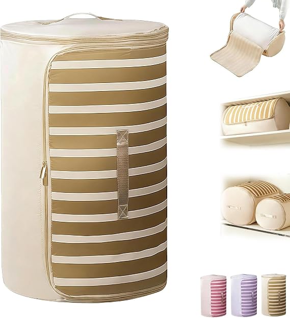 Cylindrical Roll-Up Quilt Storage Bag With Zipper,Ultra Space Saving Roll Up Self Compression Organizer,Protable Cylindrical Self With Handle,Large Capacity Storage Bags For Comforters,Closet (C,M)