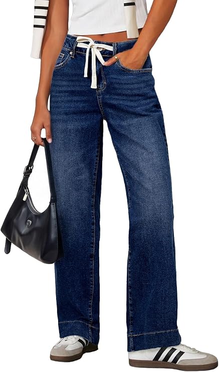 Sidefeel Women's High Waisted Straight Leg Jeans Drawstring Denim Pants