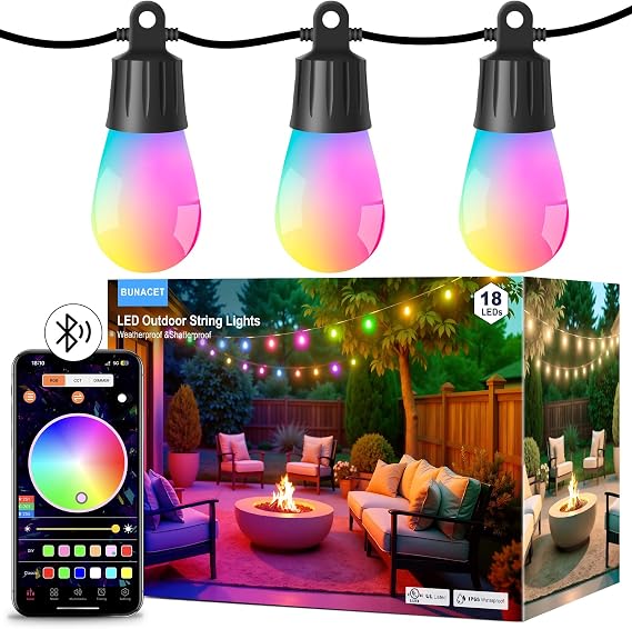 Outdoor String Lights 18 LED Bulbs, 64(52+12) ft RGB+IC+Warm White